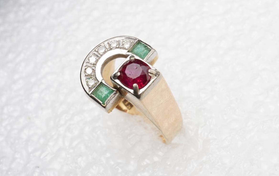A ruby, emerald and diamond ring, mid 20th century